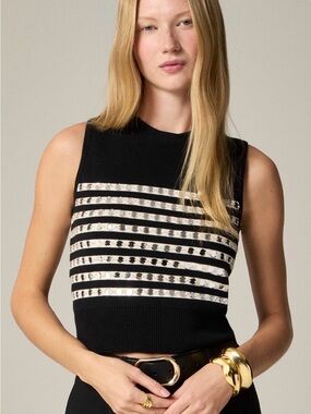 NWT J. Crew XL Black Sleeveless Tank Sweater Camisole with Silver Sequin Stripes